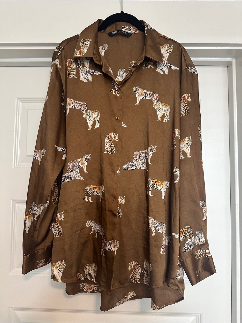 Zara Brown Tiger-Print Button-Down Shirt